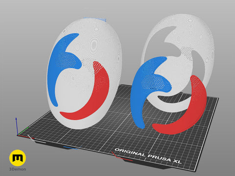 Slicer screenshot of Slay the Spire Merchant Mask STL, blue/red parts on Original Prusa XL bed