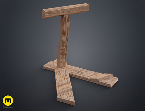 Clay render of Shield Saw Stand Doom STL uniform tan material perspective view showing base post and top crossbar assembly