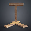 Clay render of Shield Saw Stand Doom STL frontal view tan material showing symmetrical T-shape and sculpted wood texture