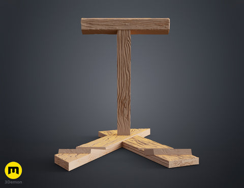 Clay render of Shield Saw Stand Doom STL frontal view tan material showing symmetrical T-shape and sculpted wood texture