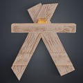 Clay render of Shield Saw Stand Doom STL top-down view showing crossbar and crossed base beam ends with realistic wood grain
