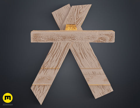 Clay render of Shield Saw Stand Doom STL top-down view showing crossbar and crossed base beam ends with realistic wood grain