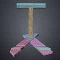 Assembly guide render of Shield Saw Stand Doom STL parts color-coded exploded view showing wood grain texture components