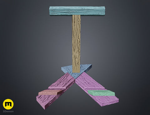 Assembly guide render of Shield Saw Stand Doom STL parts color-coded exploded view showing wood grain texture components
