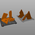 Slicer screenshot of Shield Saw Stand Doom STL parts on Prusa i3 MK3 virtual print bed orange mesh wood grain detail