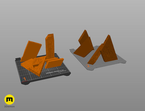 Slicer screenshot of Shield Saw Stand Doom STL parts on Prusa i3 MK3 virtual print bed orange mesh wood grain detail