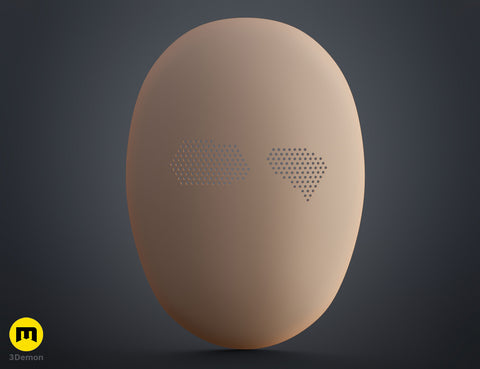 CAD render of Slay the Spire Merchant Mask STL, tan 3D print cosplay prop with pixel eyes.
