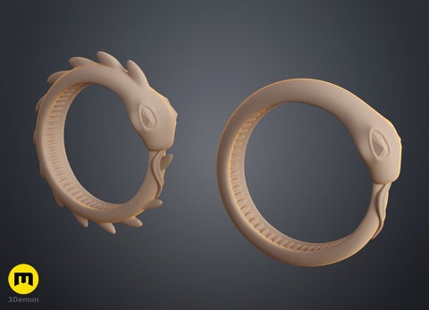 Clay render of Slay the Spire Snake Ring both variants side by side showing smooth back and sharp ridged spiked version with sculptured snake head
