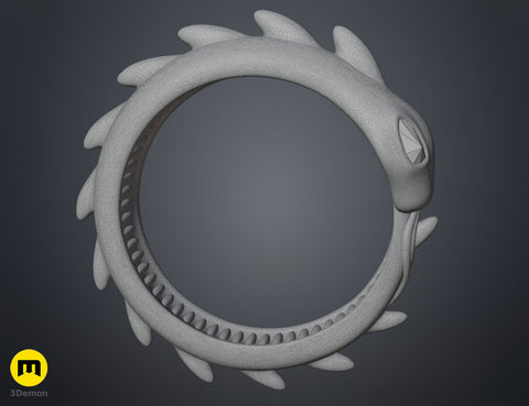 Wireframe mesh render close-up of Slay the Spire Snake Ring spiked variant showing dense polygon structure of spikes and snake head geometry
