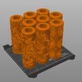 Slicer screenshot of nine Mandala Texture Rollers STL labeled Mandala 1 through 9 in orange on Prusa i3 MK3 virtual print bed