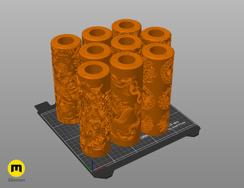 Slicer screenshot of nine Mandala Texture Rollers STL labeled Mandala 1 through 9 in orange on Prusa i3 MK3 virtual print bed