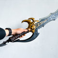 3D model of Solo Leveling Kasaka's Venom Fang, 3D printed cosplay prop scythe, hand-held with gold and dark grey details