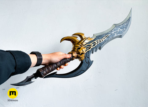 3D model of Solo Leveling Kasaka's Venom Fang, 3D printed cosplay prop scythe, hand-held with gold and dark grey details