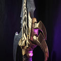 CAD render of Solo Leveling Kasaka's Venom Fang, gold and dark grey cosplay prop, side view with purple accents, 3D p...