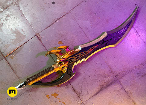 3D visualization of Solo Leveling Kasaka's Venom Fang, 3D printed cosplay prop, purple and gold details, side view