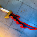 3D visualization of Solo Leveling Knight Killer Dagger, 3D printed cosplay prop on stone floor, gold and red details