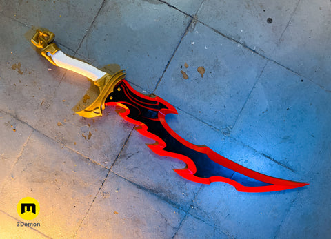 3D visualization of Solo Leveling Knight Killer Dagger, 3D printed cosplay prop on stone floor, gold and red details