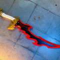 3D visualization of dark fantasy manhwa Knight Killer Dagger, 3D printed cosplay prop on stone floor, gold and red details