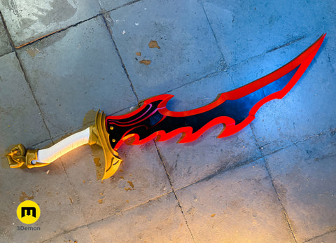 CAD render of Solo Leveling Knight Killer Dagger, 3D printed cosplay prop, side view with gold and white handle, red ...
