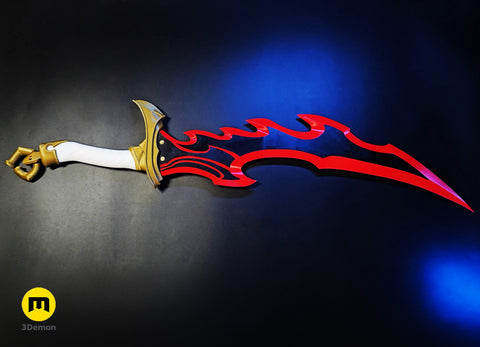 3D print preview of Solo Leveling Knight Killer Dagger STL, 3D printed cosplay prop, side view with red flame design