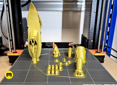 3D model render of Solo Leveling Knight Killer Dagger STL, disassembled 3D printed parts on Prusa print bed