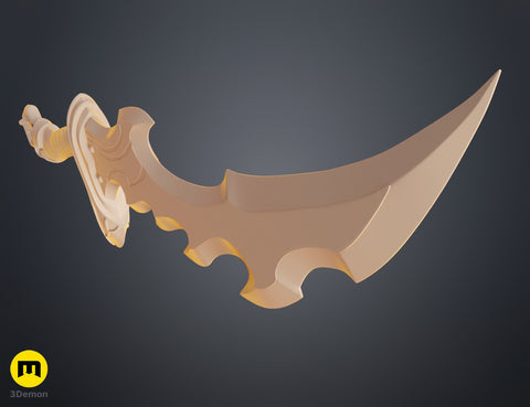 STL preview of Solo Leveling Knight Killer Dagger, beige 3D render cosplay prop, curved dagger with ornate hilt.