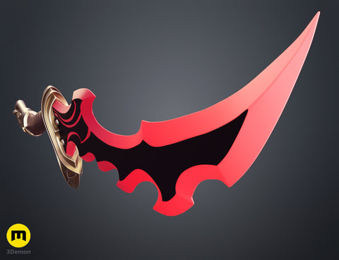 3D visualization of Solo Leveling Knight Killer Dagger STL, 3D print cosplay prop, angled side view with red blade an...