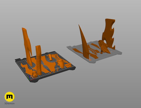 CGI render of Solo Leveling Knight Killer Dagger STL, orange 3D print cosplay prop on two print beds