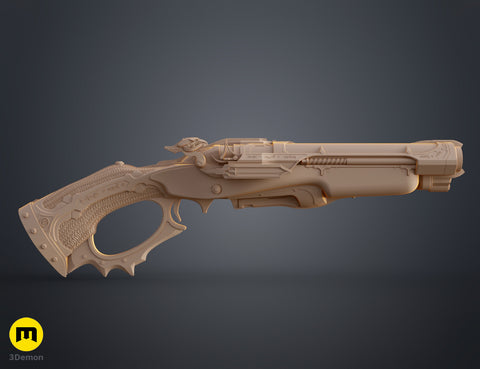 CGI render of Super shotgun - Doom The Dark Ages, tan 3D print cosplay prop, side view.