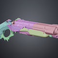 3D model render of Super shotgun - Doom The Dark Ages, exploded purple/green/pink cosplay prop assembly