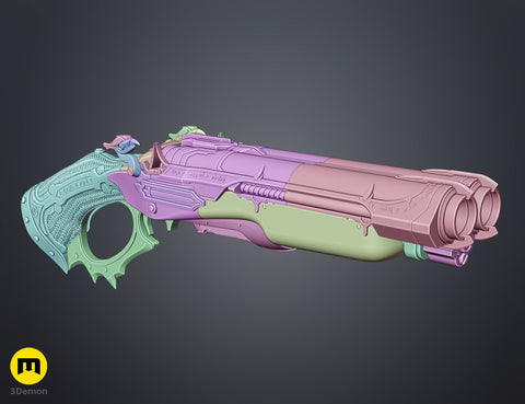 3D model render of Super shotgun - Doom The Dark Ages, exploded purple/green/pink cosplay prop assembly