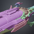 CAD render of Super shotgun - Doom The Dark Ages, purple and green exploded weapon assembly, 3D print cosplay prop.