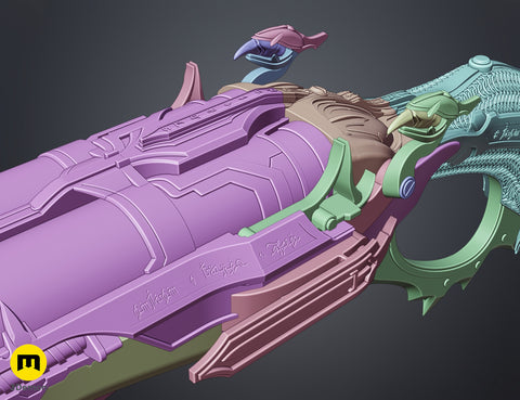 CAD render of Super shotgun - Doom The Dark Ages, purple and green exploded weapon assembly, 3D print cosplay prop.