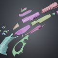 Rendered 3D model of Super shotgun - Doom The Dark Ages, exploded view of disassembled parts, 3D print cosplay prop.