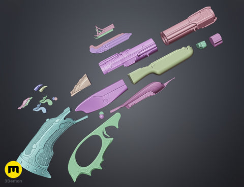 Rendered 3D model of Super shotgun - Doom The Dark Ages, exploded view of disassembled parts, 3D print cosplay prop.