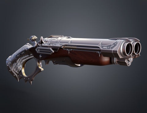 Digital 3D render of Super shotgun - Doom The Dark Ages, dual-barrelled cosplay prop, side view