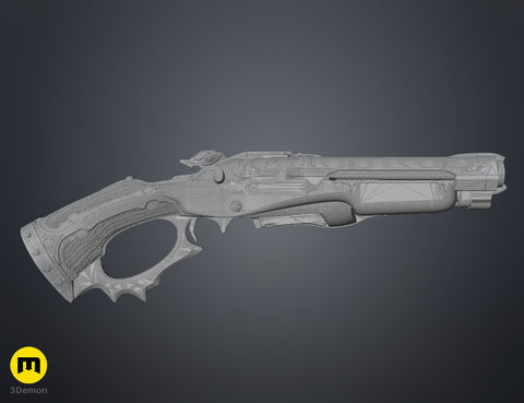3D model of Super shotgun - Doom The Dark Ages, grey wireframe mesh render, detailed 3D print cosplay prop