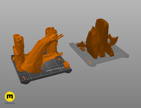 Slicer screenshot of Super shotgun - Doom The Dark Ages STL, orange parts on Prusa print bed