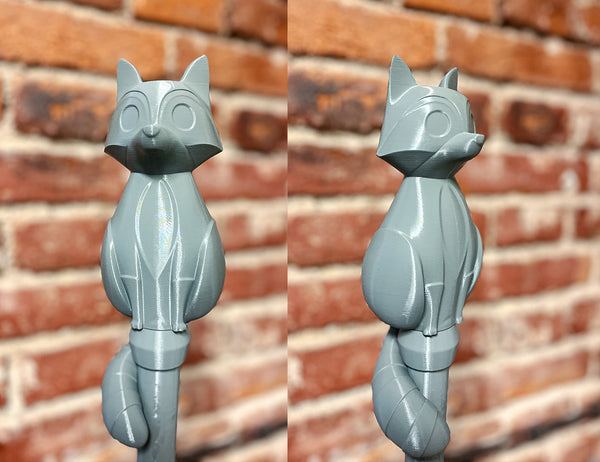 Front and side view of a grey 3D printed raccoon palisman staff head – Raccoon Palisman Staff 3D print | 3Demon