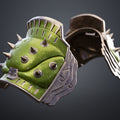 Painted 3D render cover of Doom Dark Ages Doomslayer Shoulder Armor pair front view green organic leathery top with silver metallic layered plates and sharp spikes