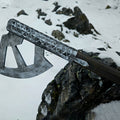 3D model render of the dwarven warrior Axe Collection - epic fantasy saga, detailed snow-covered rock grip, 3D print cosplay prop