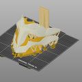 Multicolor 3MF print-ready render of Ekko Firelighter Mask Arcane showing color regions pink green blue yellow for multi-material 3D printing setup