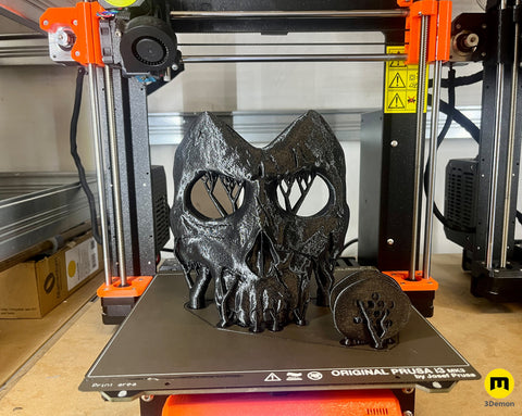 Black 3D printed the wraith king skull mask and side attachment with organic tree supports on a Prusa i3 MK3 printer bed.