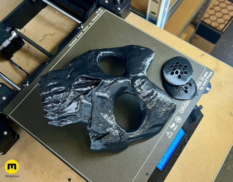 Raw 3D printed the wraith king skull mask and perforated eye lenses on an Original Prusa i3 MK3 printer bed.