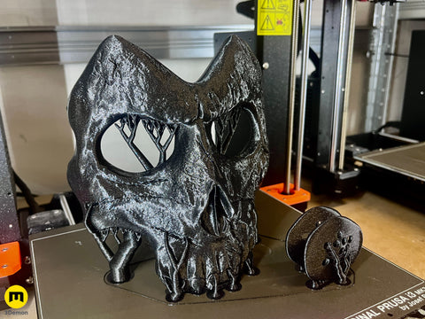 Black 3D printed the wraith king skull mask with organic supports on a Prusa i3 MK3 3D printer bed.