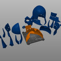3D slicer preview of disassembled the wraith king helmet parts in blue and orange, ready for 3D printing.