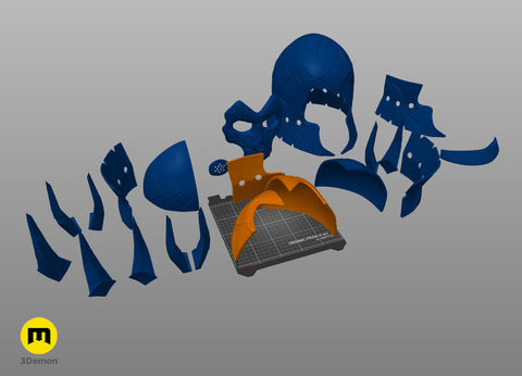 3D slicer preview of disassembled the wraith king helmet parts in blue and orange, ready for 3D printing.