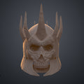 3D digital model of the the wraith king helmet in neutral beige, showcasing the intricate skull mask and crown sculpture.