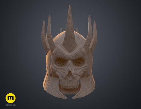 3D digital model of the the wraith king helmet in neutral beige, showcasing the intricate skull mask and crown sculpture.