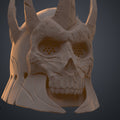 Close-up 3D render of the the wraith king helmet, showing the weathered skull texture and perforated eye lens details.